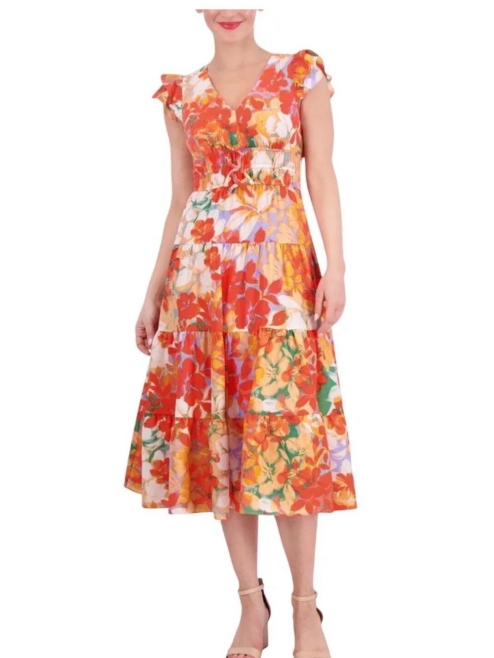 Vince Camuto Floral Tiered Midi Dress Size 8 Ruffle Sleeve V-Neck